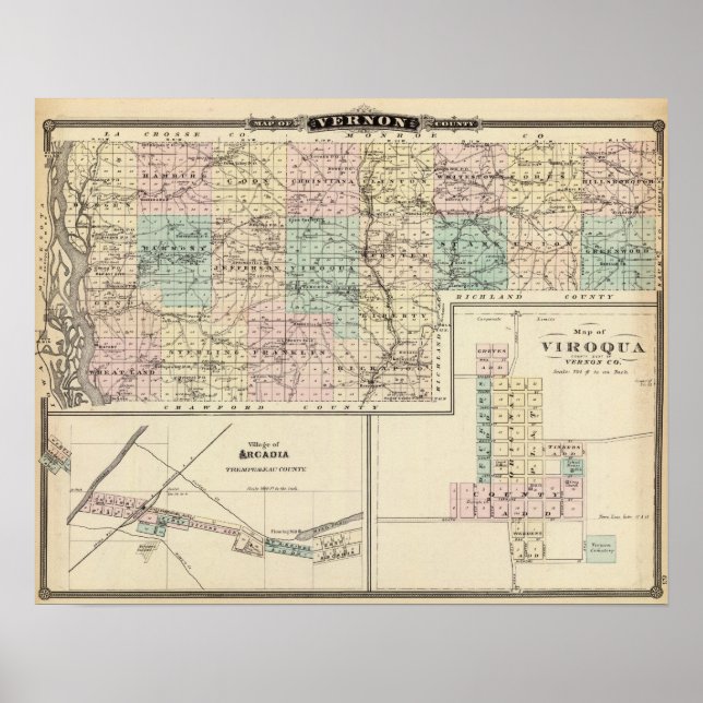 Póster Mapa del condado de Vernon, Arcadia y Viroqua (Frente)
