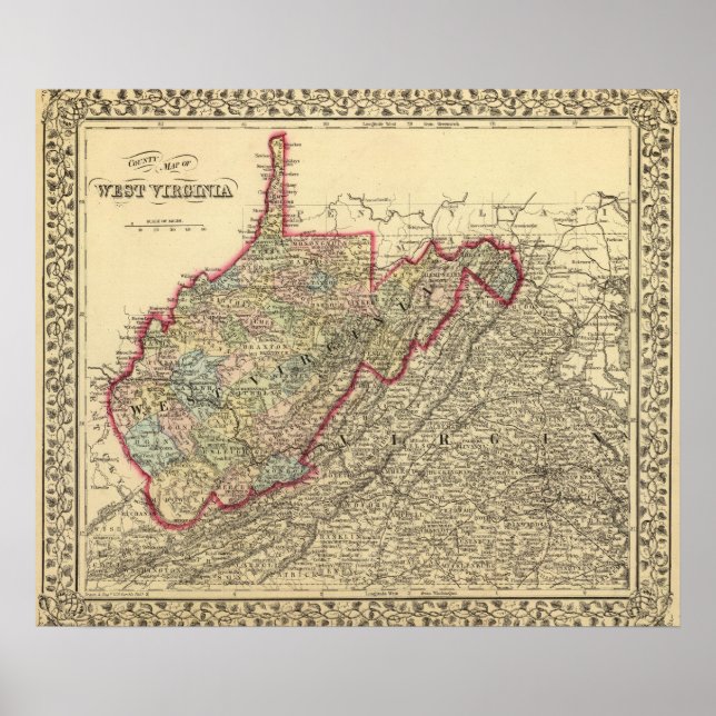 Póster Mapa del condado de Virginia Occidental (Frente)