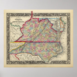 Póster Mapa del condado de Virginia, y de Carolina del