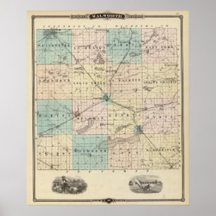 Póster Mapa del condado de Walworth, estado de Wisconsin