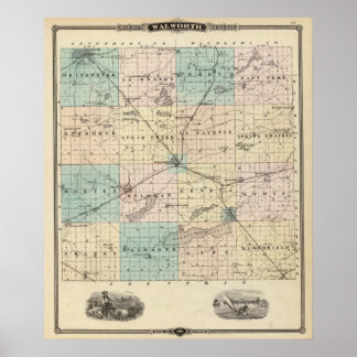 Póster Mapa del condado de Walworth, estado de Wisconsin