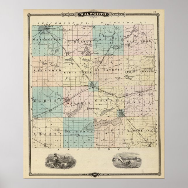 Póster Mapa del condado de Walworth, estado de Wisconsin (Frente)