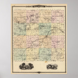 Póster Mapa del condado de Waukesha, estado de Wisconsin