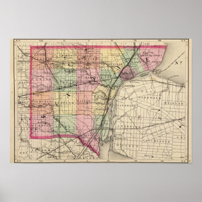 Póster Mapa del condado de Wayne, Michigan (Frente)