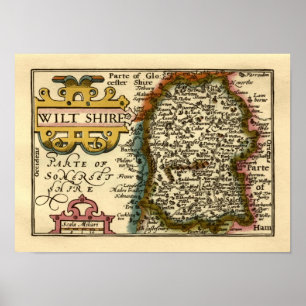 Póster Mapa del condado de Wiltshire, Inglaterra