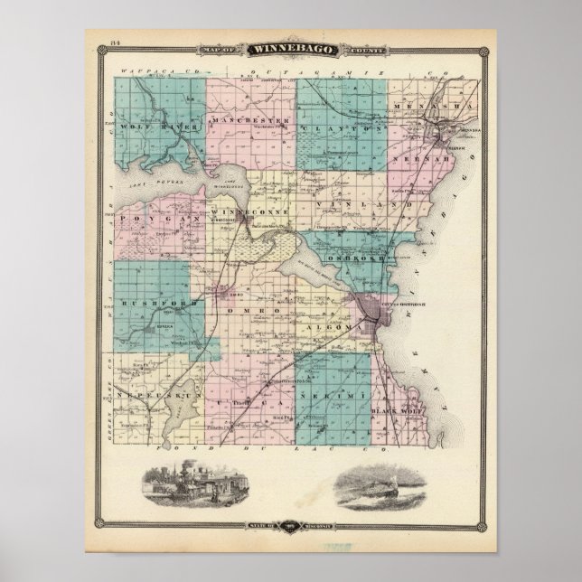 Póster Mapa del condado de Winnebago, estado de Wisconsin (Frente)
