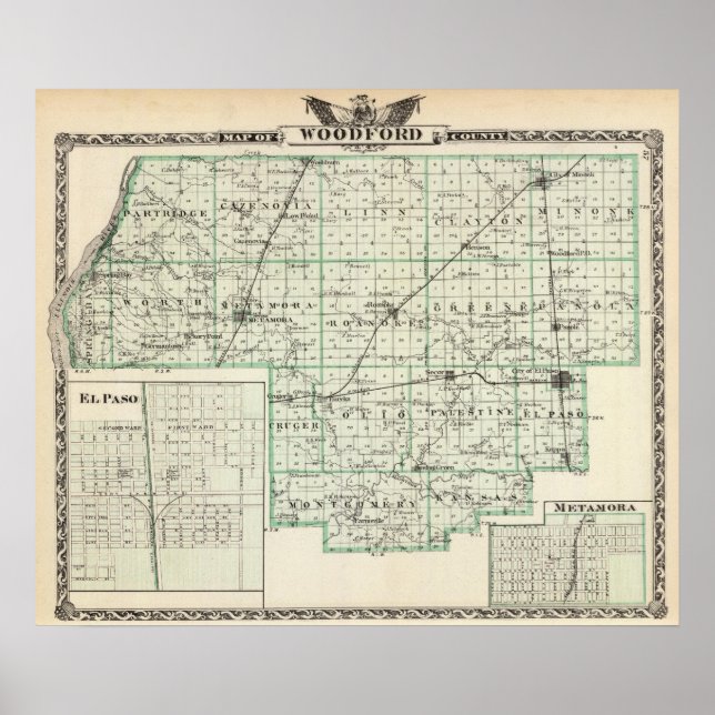 Póster Mapa del condado de Woodford, El Paso y Metamora (Frente)