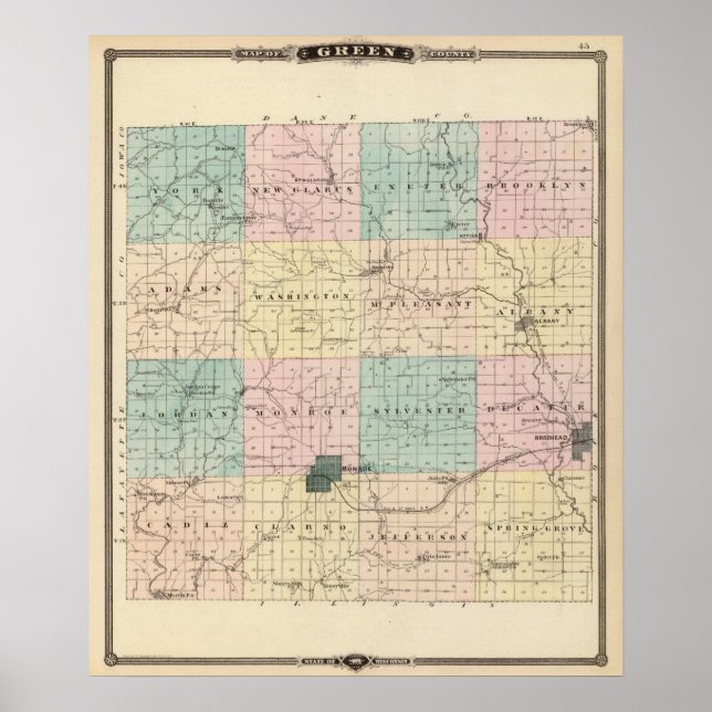 Póster Mapa del Condado Verde, Estado de Wisconsin (Frente)