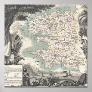 Póster Mapa del departamento francés de Finistere