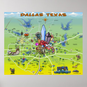 Póster Mapa del dibujo animado de Dallas Tejas
