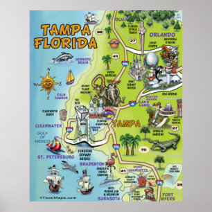 Póster Mapa del dibujo animado de Tampa la Florida