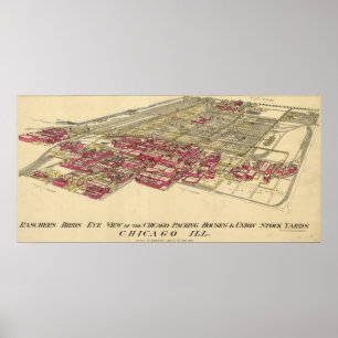 Póster Mapa del distrito Meatpacking de Chicago en 1890