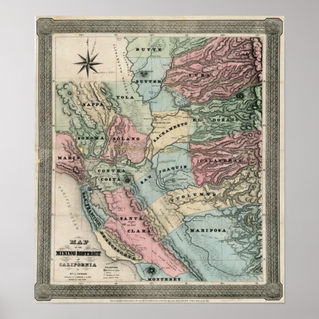 Póster Mapa del distrito minero de California de 1851 (Frente)