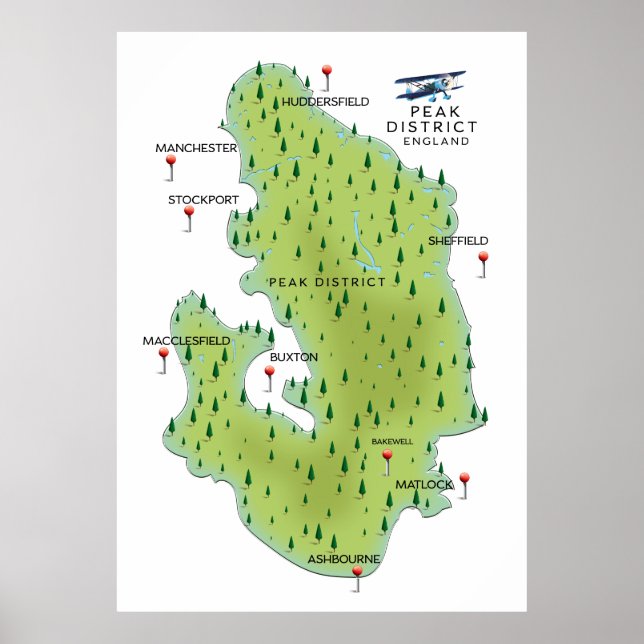 Póster Mapa del Distrito Peak de Inglaterra (Frente)