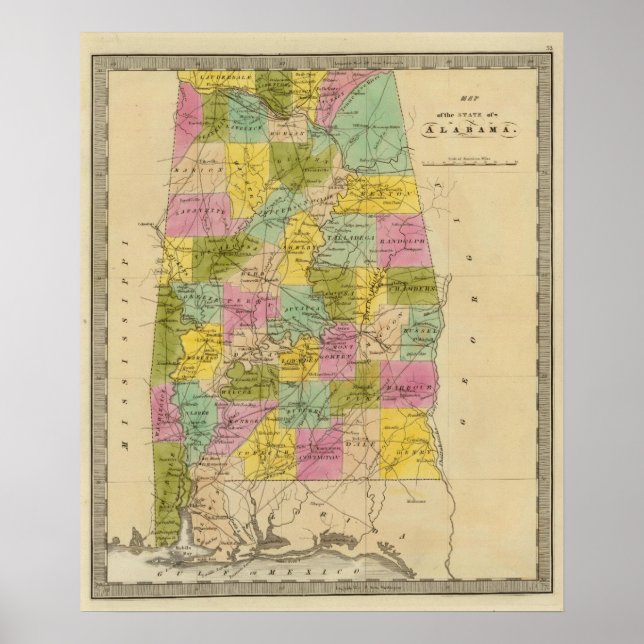 Póster Mapa del estado de Alabama (Frente)