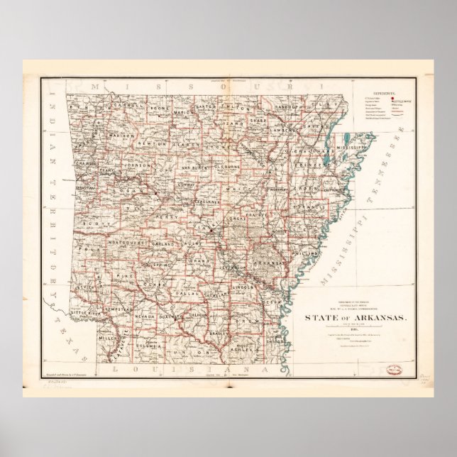 Póster Mapa del estado de Arkansas (1886) (Frente)