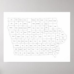 Póster Mapa del estado de Iowa con contornos y nombres de