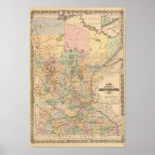 Póster Mapa del estado de Minnesota, 1874