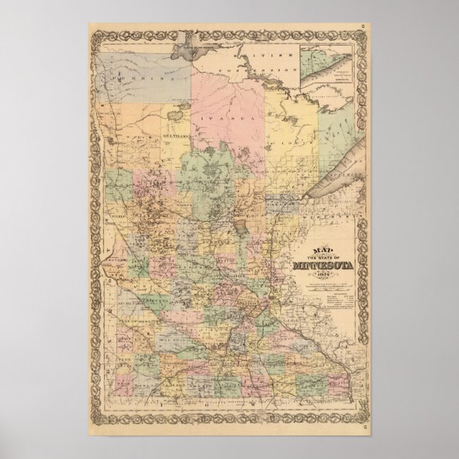 Póster Mapa del estado de Minnesota, 1874 (Frente)