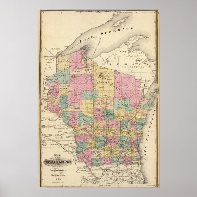 Póster Mapa del estado de Wisconsin (Frente)