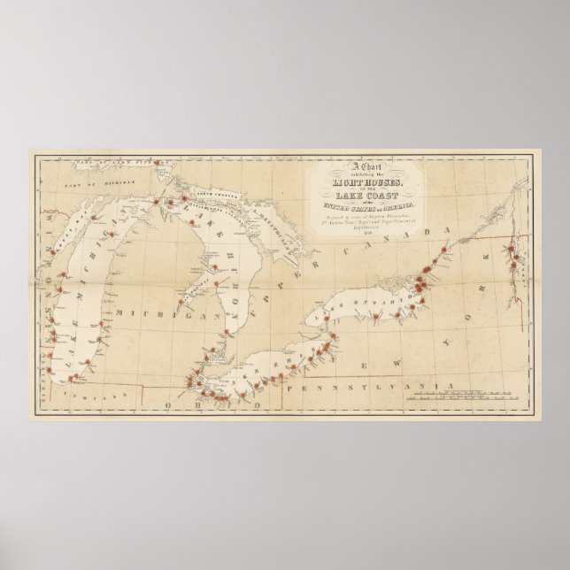 Póster Mapa del faro de los Grandes Lagos (1848) (Frente)