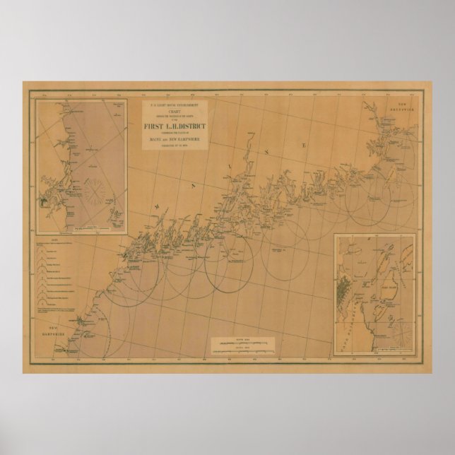 Póster Mapa del faro de Maine vintage (1876) (Frente)