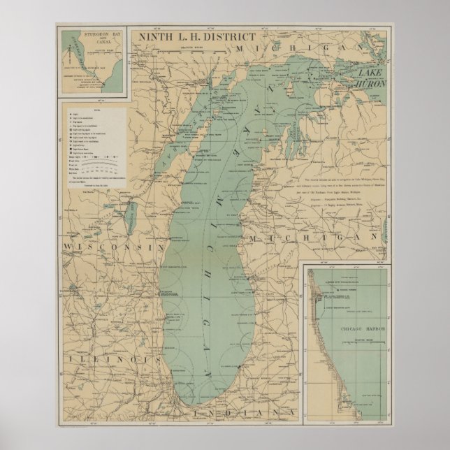 Póster Mapa del faro del lago de Michigan (1898) (Frente)