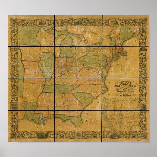 Póster Mapa del Ferrocarril Antiguo de los Estados Unidos (Frente)