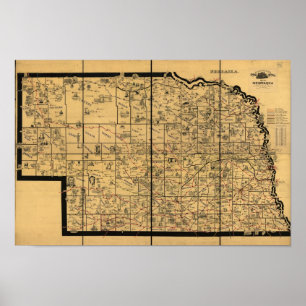 Póster Mapa del Ferrocarril Antiguo de Nebraska en 1897
