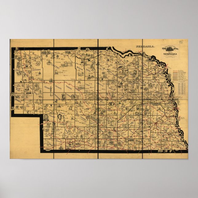 Póster Mapa del Ferrocarril Antiguo de Nebraska en 1897 (Frente)