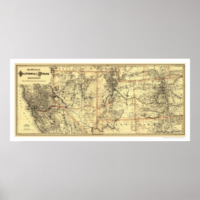 Póster Mapa del ferrocarril California y Nevada 1882 (Frente)