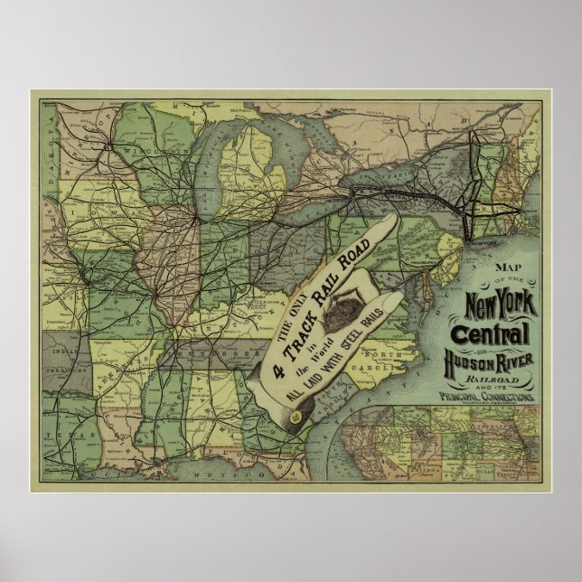 Póster Mapa del ferrocarril central y del río Hudson de N (Frente)