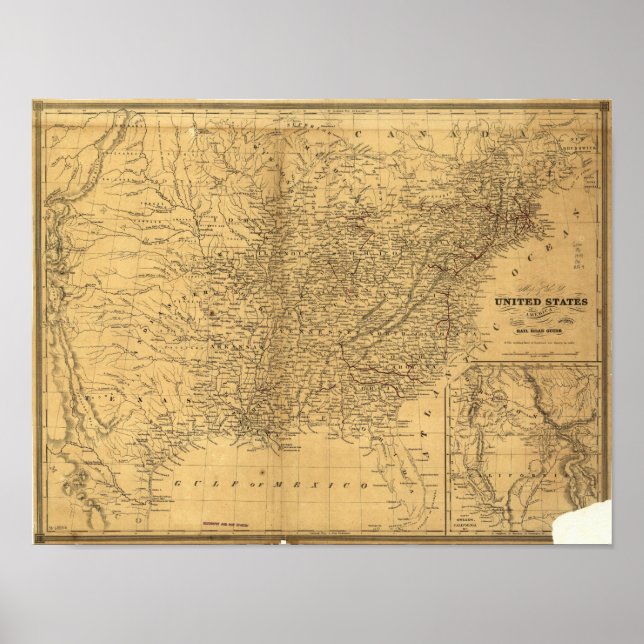 Póster Mapa del ferrocarril de 1847 de los Estados Unidos (Frente)