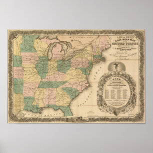 Póster Mapa del ferrocarril de 1858 de los Estados Unidos