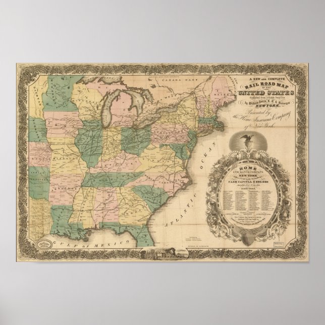 Póster Mapa del ferrocarril de 1858 de los Estados Unidos (Frente)