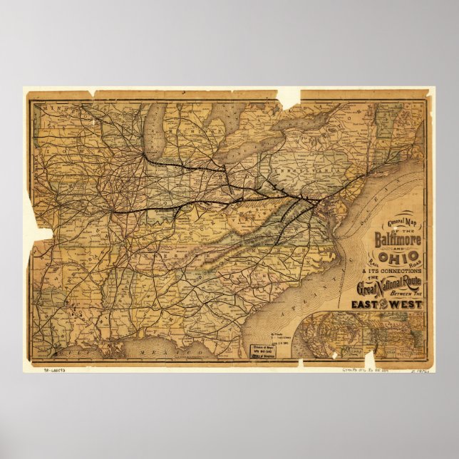 Póster Mapa del ferrocarril de Baltimore y Ohio en 1876 (Frente)