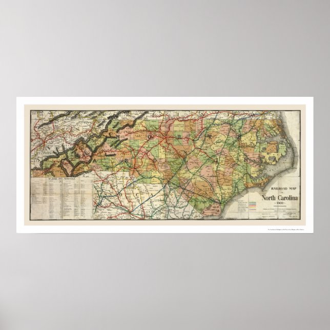 Póster Mapa del Ferrocarril de Carolina del Norte de 1900 (Frente)
