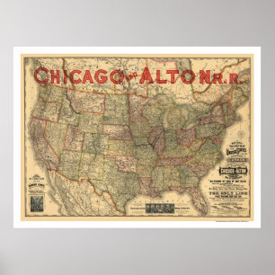 Póster Mapa del ferrocarril de Chicago y Alton 1883