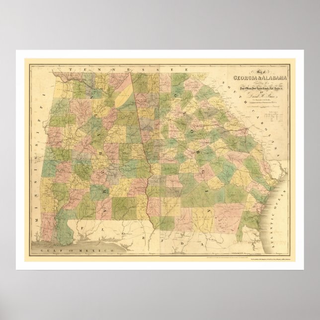 Póster Mapa del ferrocarril de Georgia y Alabama 1839 (Frente)