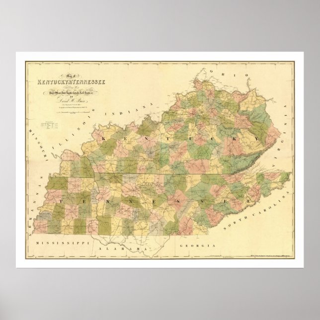 Póster Mapa del ferrocarril de Kentucky y Tennessee 1839 (Frente)