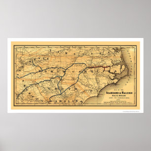 Póster Mapa del ferrocarril de la costa y Raleigh de 1874