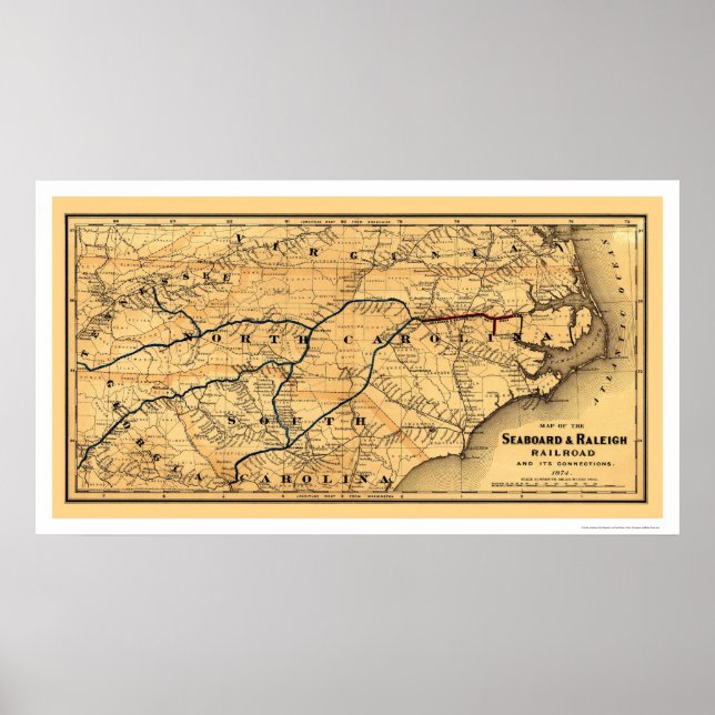 Póster Mapa del ferrocarril de la costa y Raleigh de 1874 (Frente)