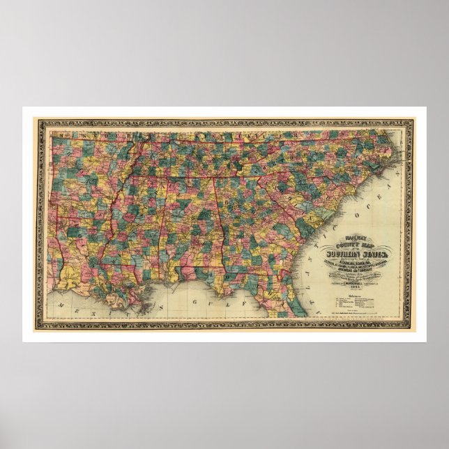 Póster Mapa del ferrocarril de los estados del sur 1864 (Frente)