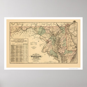 Póster Mapa del ferrocarril de Maryland y Delaware 1876