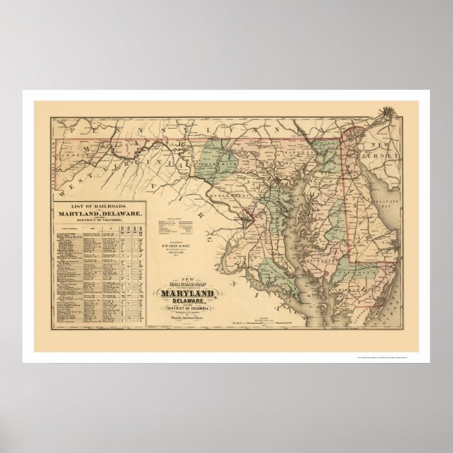 Póster Mapa del ferrocarril de Maryland y Delaware 1876 (Frente)