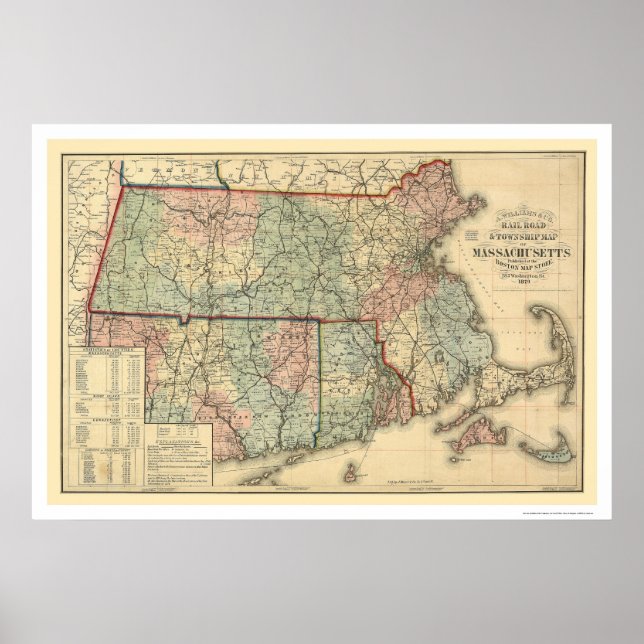 Póster Mapa del ferrocarril de Massachusetts 1879 (Frente)
