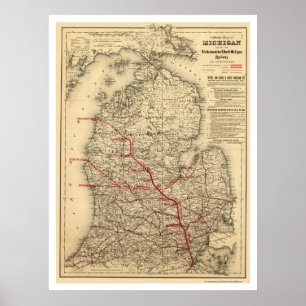 Póster Mapa del ferrocarril de Michigan 1886