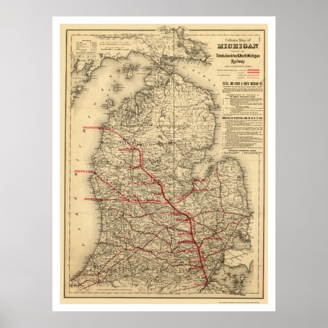 Póster Mapa del ferrocarril de Michigan 1886 (Frente)