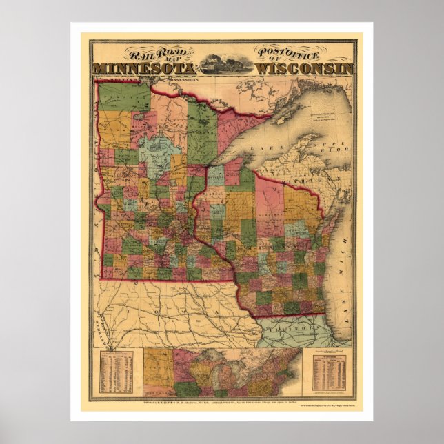 Póster Mapa del ferrocarril de Minnesota y Wisconsin de 1 (Frente)