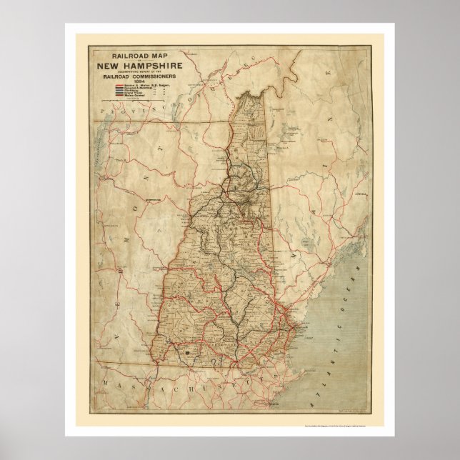 Póster Mapa del Ferrocarril de Nuevo Hampshire 1894 (Frente)
